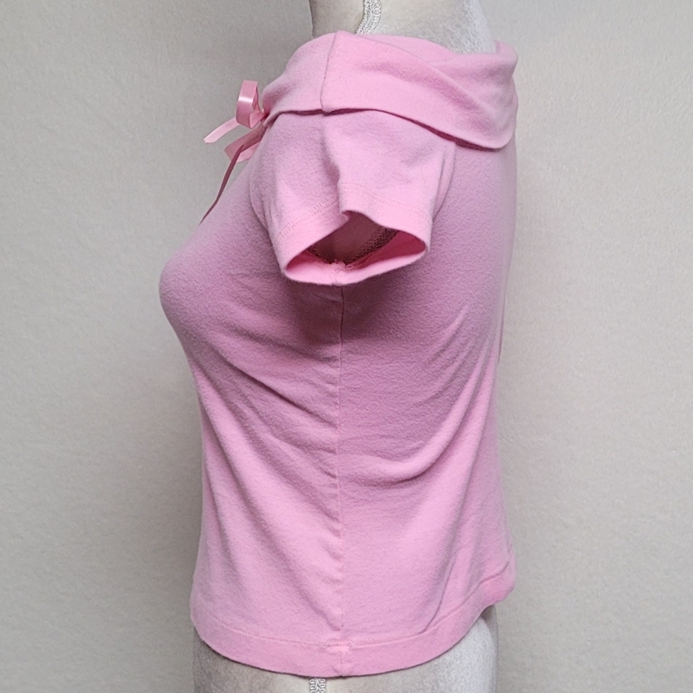 L.A. Movers Pink Rhinestone Yorkie Cowl Shoulder Cap Sleeve Cropped Babydoll Tee - Picture 8 of 12